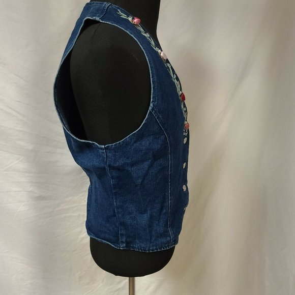 Vtg Apache Womens Large Cotton Denim Made in USA Boho Embellished Floral Vest - Picture 7 of 12